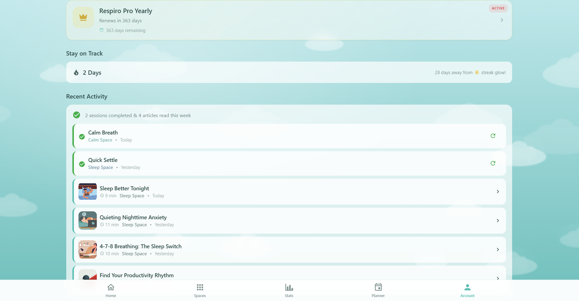 Respiro Account page showing Pro subscription status card with Manage Subscription button, recent activity section with completed sessions and articles read, and bookmarked articles carousel for Pro members