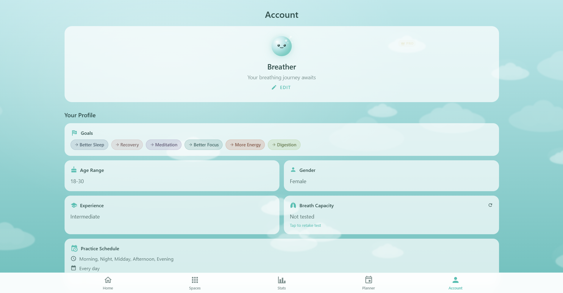 Respiro Account page showing Oxy avatar with name and email, profile overview cards displaying breathing goals, health conditions, experience level, lung capacity, daily schedule, Edit Profile and Configure Profile buttons, streak counter with 30-day goal, and plan card
