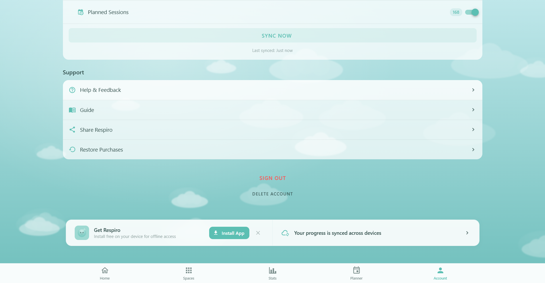 Respiro Account page showing Support section with Help and Feedback, User Guide, Share App, and Restore Purchases buttons, Cloud Sync settings with master toggle and per-category switches, and Sign Out and Delete Account options