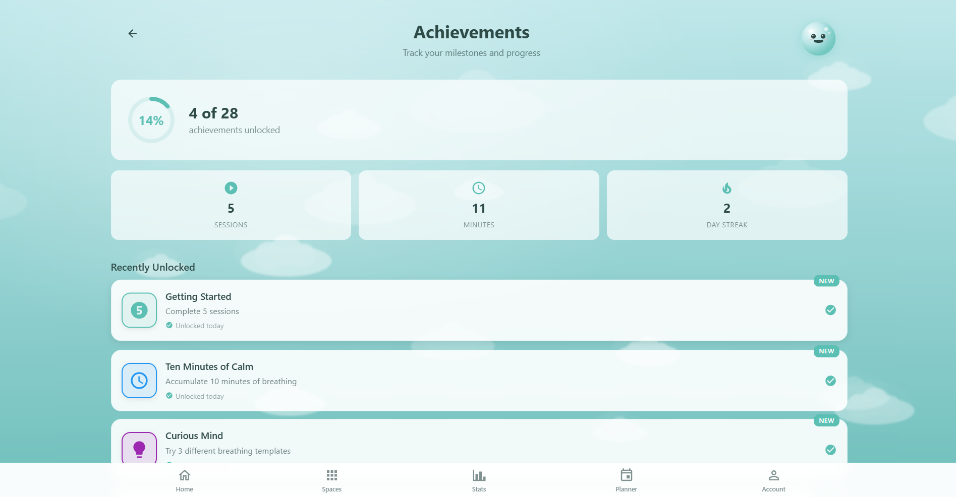 Respiro Achievements page showing Oxy in celebratory mood, progress ring with completion percentage, basic stats cards for sessions, minutes, and streak, recently unlocked achievements with NEW badges, and category-grouped achievement lists