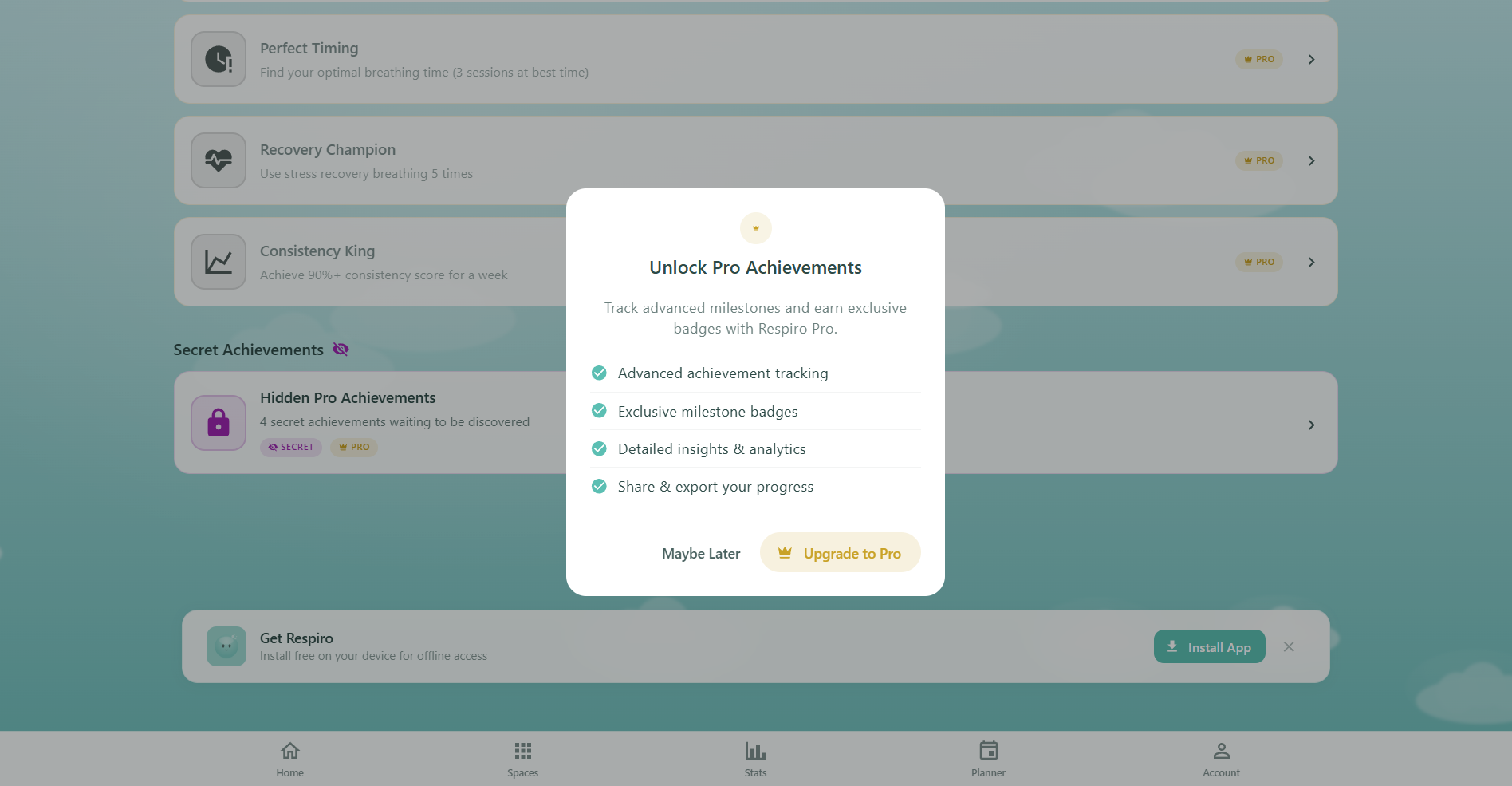 Respiro Achievements Pro upgrade dialog showing crown icon, achievement preview, Pro features list, and upgrade button