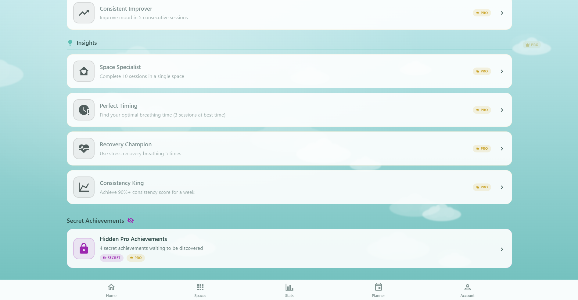 Respiro Achievements page showing Pro achievement cards with crown badges, secret achievements section with hidden cards showing question mark icons and category hints, and the 4 HIDDEN badge
