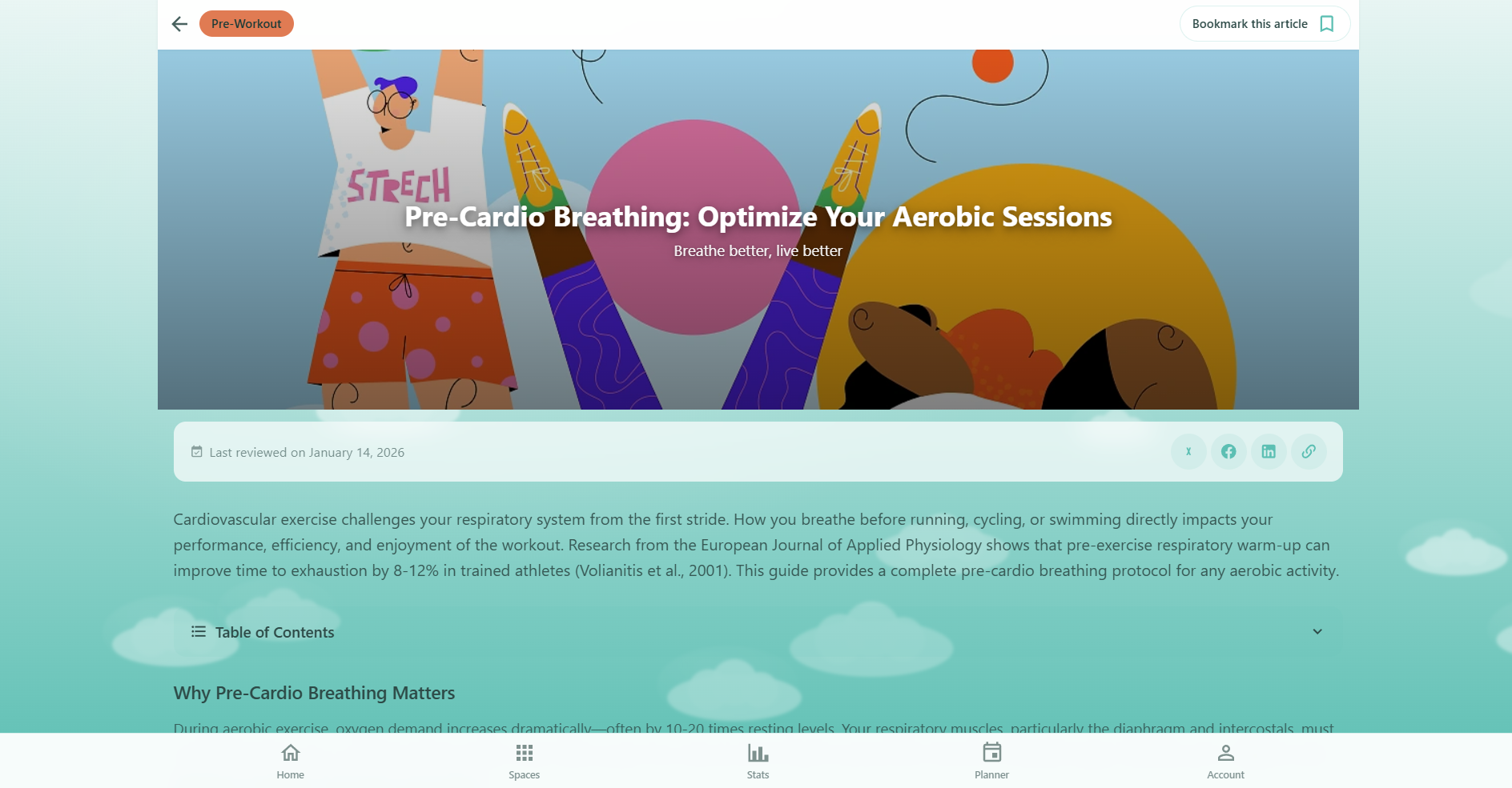 Respiro article detail page showing the hero section, table of contents, content with tip boxes, and the Try This Exercise widget with Oxy