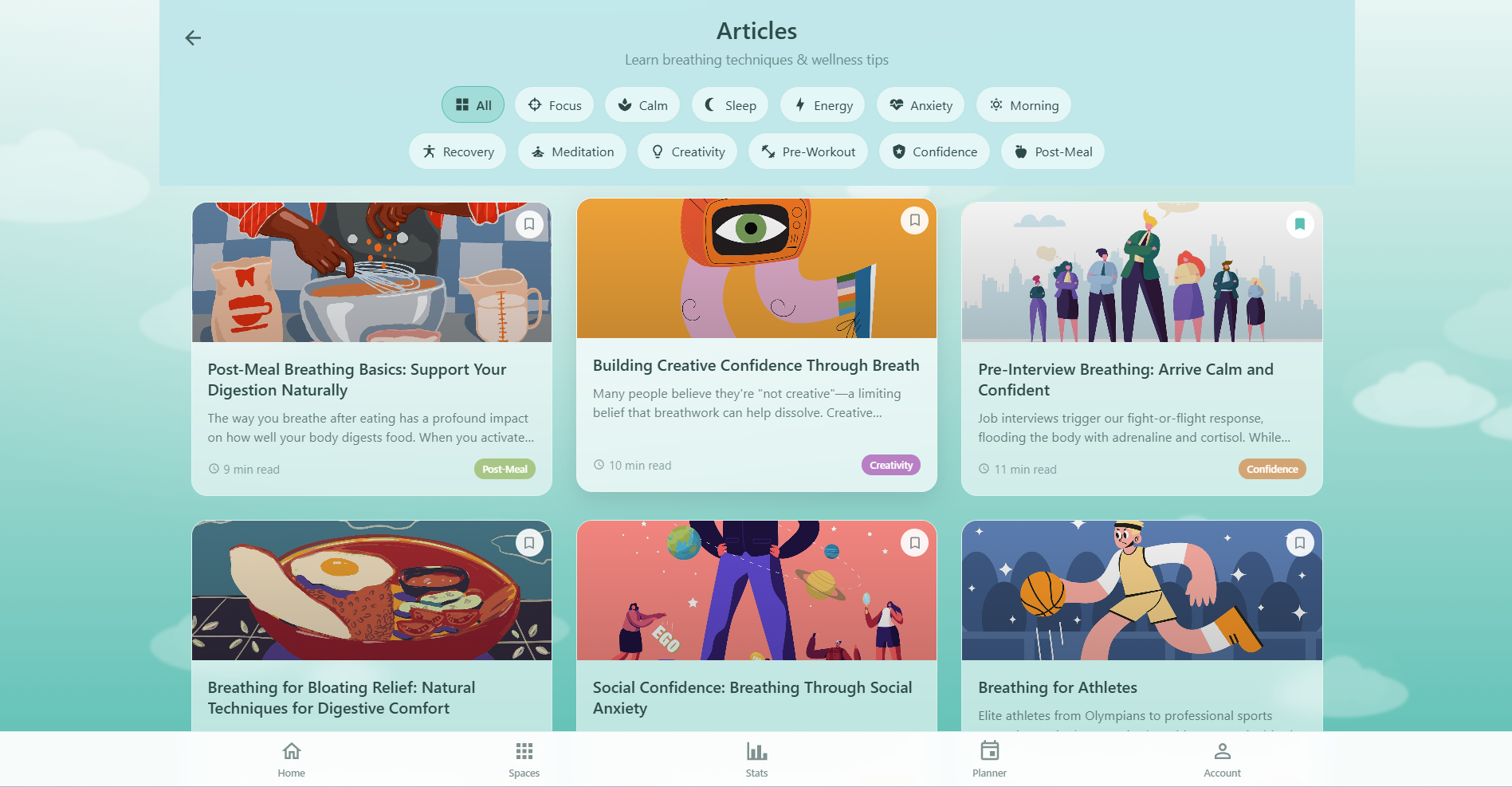 Respiro articles page showing category filter chips, article cards with featured images, read times, and bookmark buttons