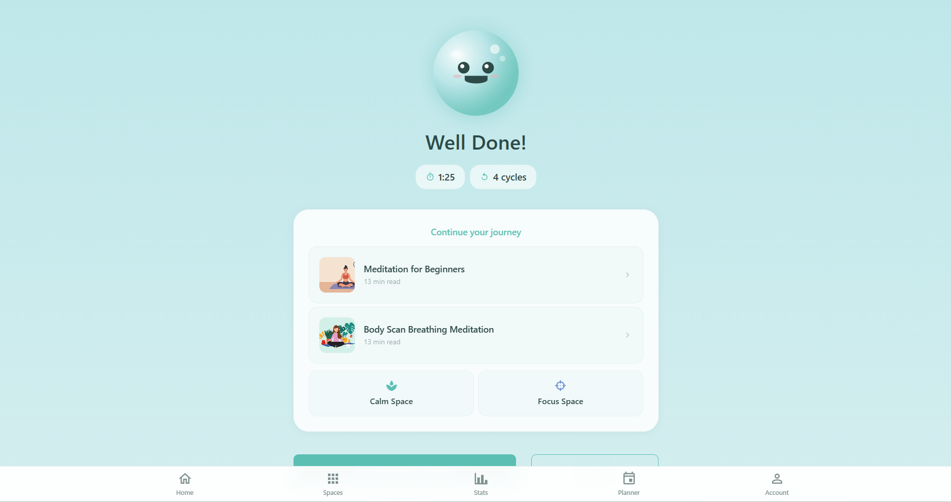 Respiro session completion screen on desktop showing Well Done message with Oxy celebratory, session duration and cycles stats, post-session mood and energy tracking, journal note option, recommended articles and breathing spaces, and Breathe Again and Done action buttons