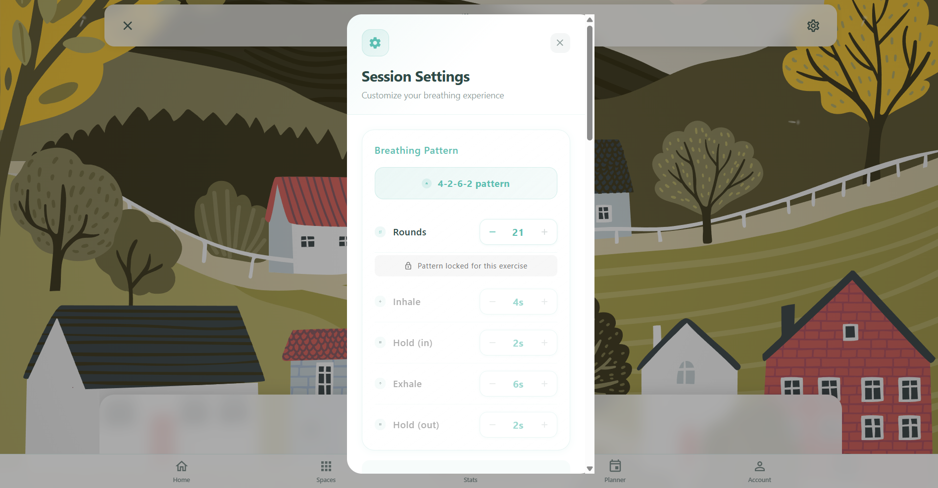 Respiro session settings dialog on desktop showing breathing pattern customization with rounds, inhale, hold, and exhale steppers, session environment selector with premium themes, and audio controls for voice guidance, ambient sounds, and background music