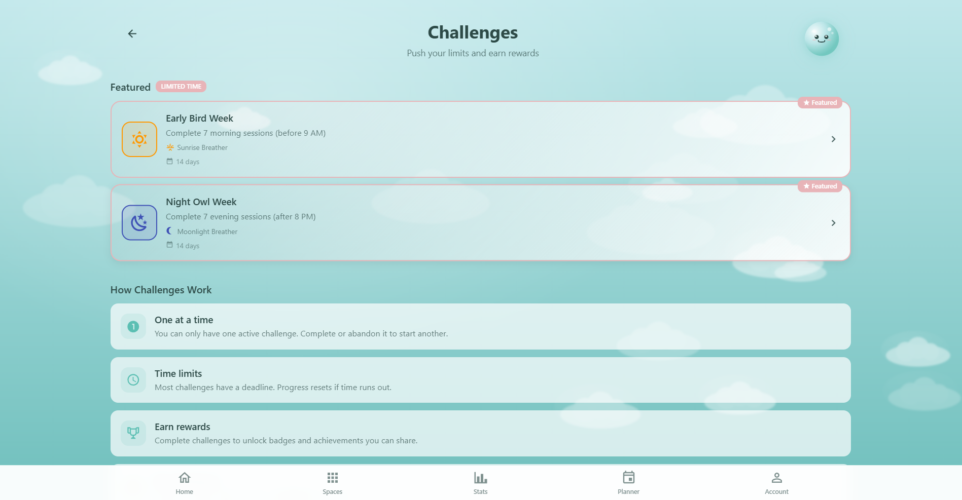 Respiro Challenges page showing Oxy, active challenge card with progress bar, featured challenges, and how challenges work info cards