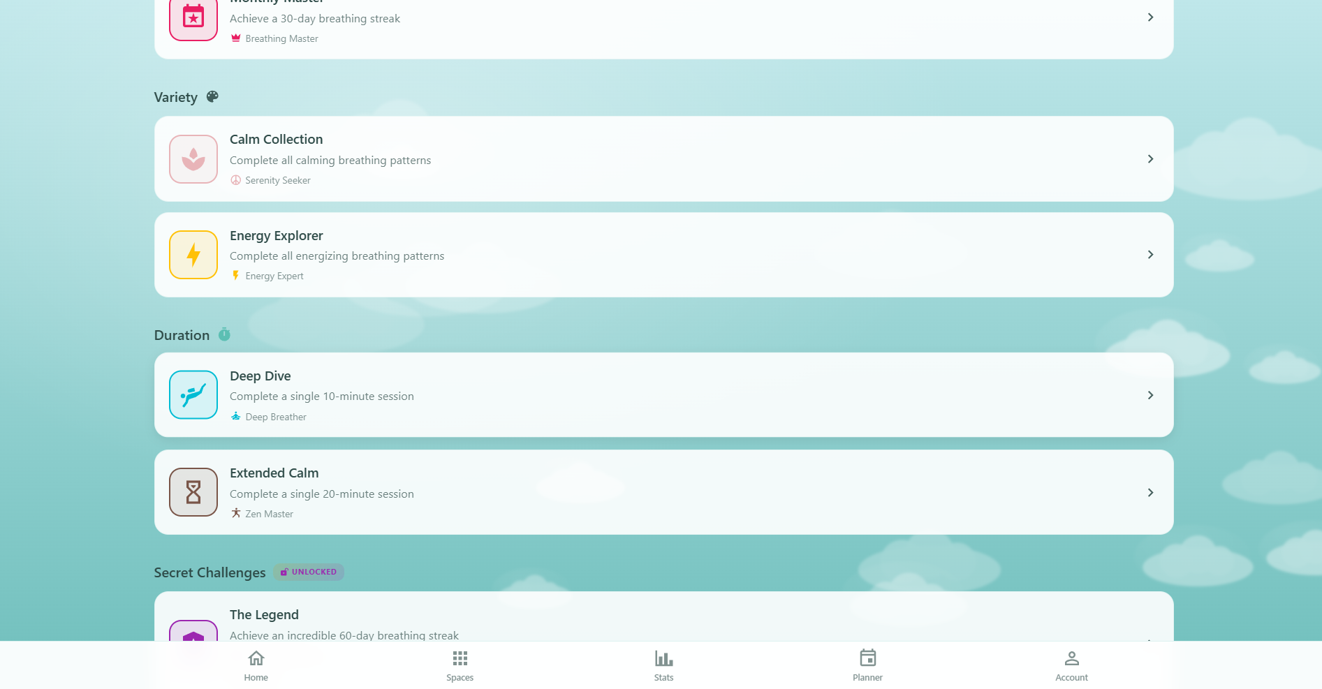 Respiro Challenges page showing the rewards grid, completed challenges with earned badges, and secret challenge teasers with locked icons