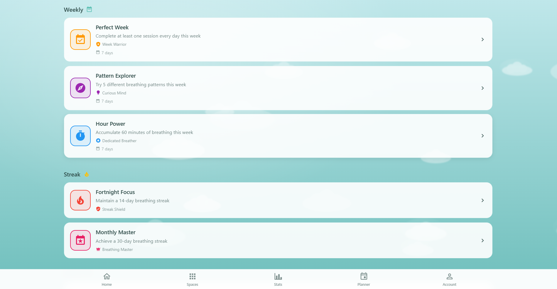Respiro Challenges page showing challenge cards organized by type with progress indicators, reward badges, and Pro labels
