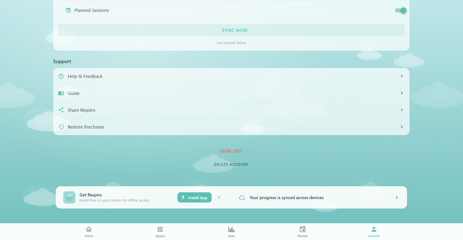 Respiro Install App and Sync banner showing sync status with data summary of synced sessions, achievements, and progress across devices