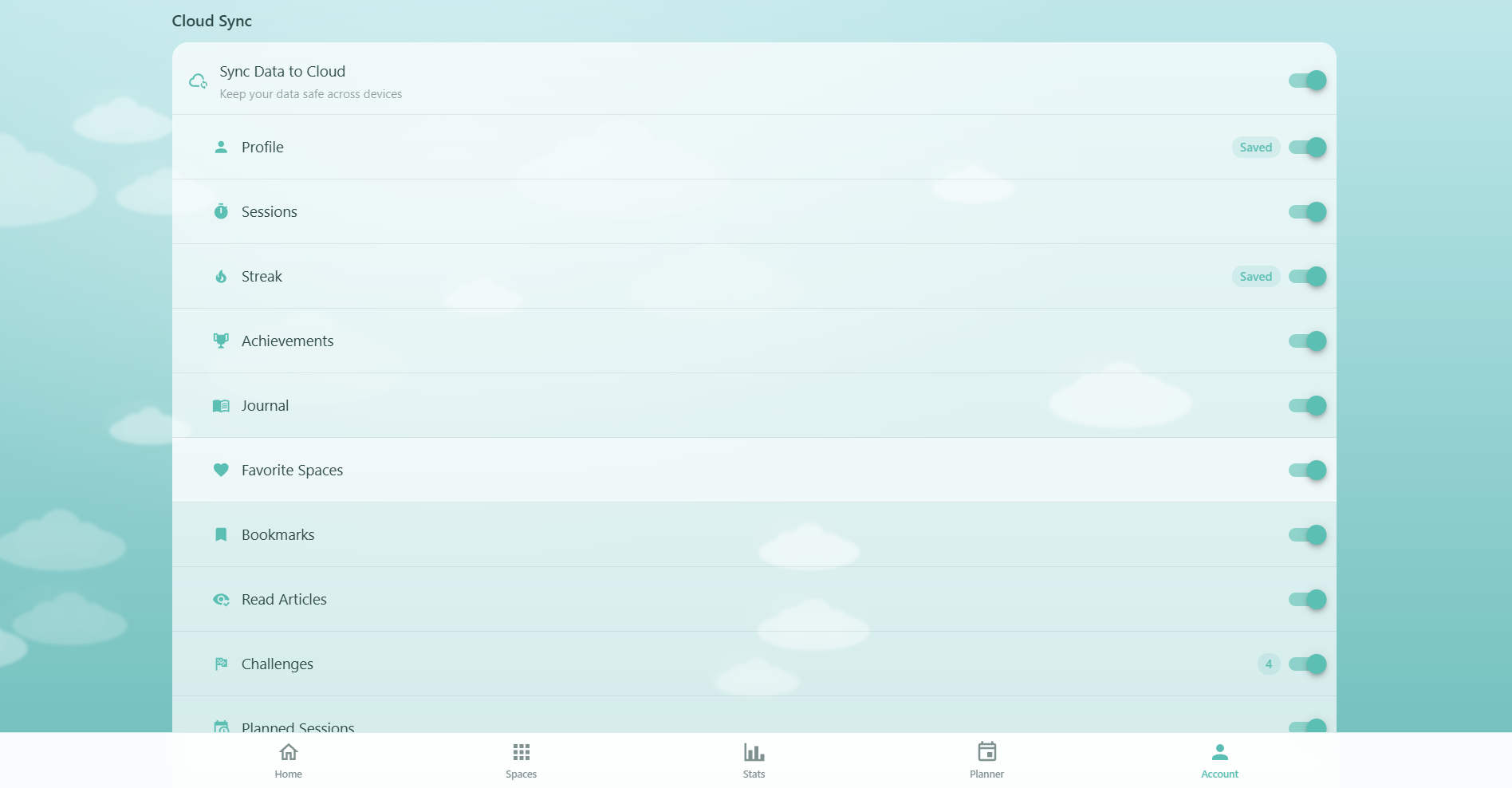 Respiro Account page Cloud Sync section showing master toggle, per-category switches with item counts for sessions, streaks, achievements, journal, planner, challenges, bookmarks, favorites, and read articles, and Sync Now button