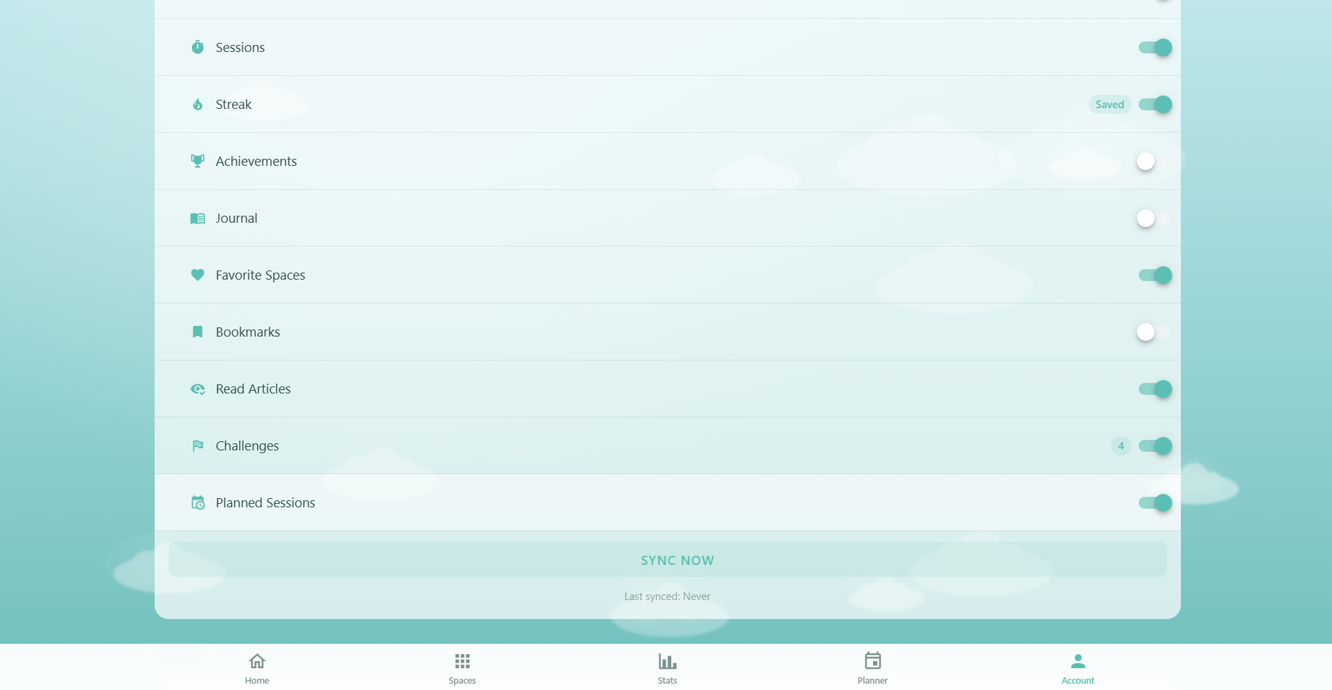 Respiro Cloud Sync preferences showing Sync Now button with loading state, last synced timestamp, and per-category toggle switches with item counts