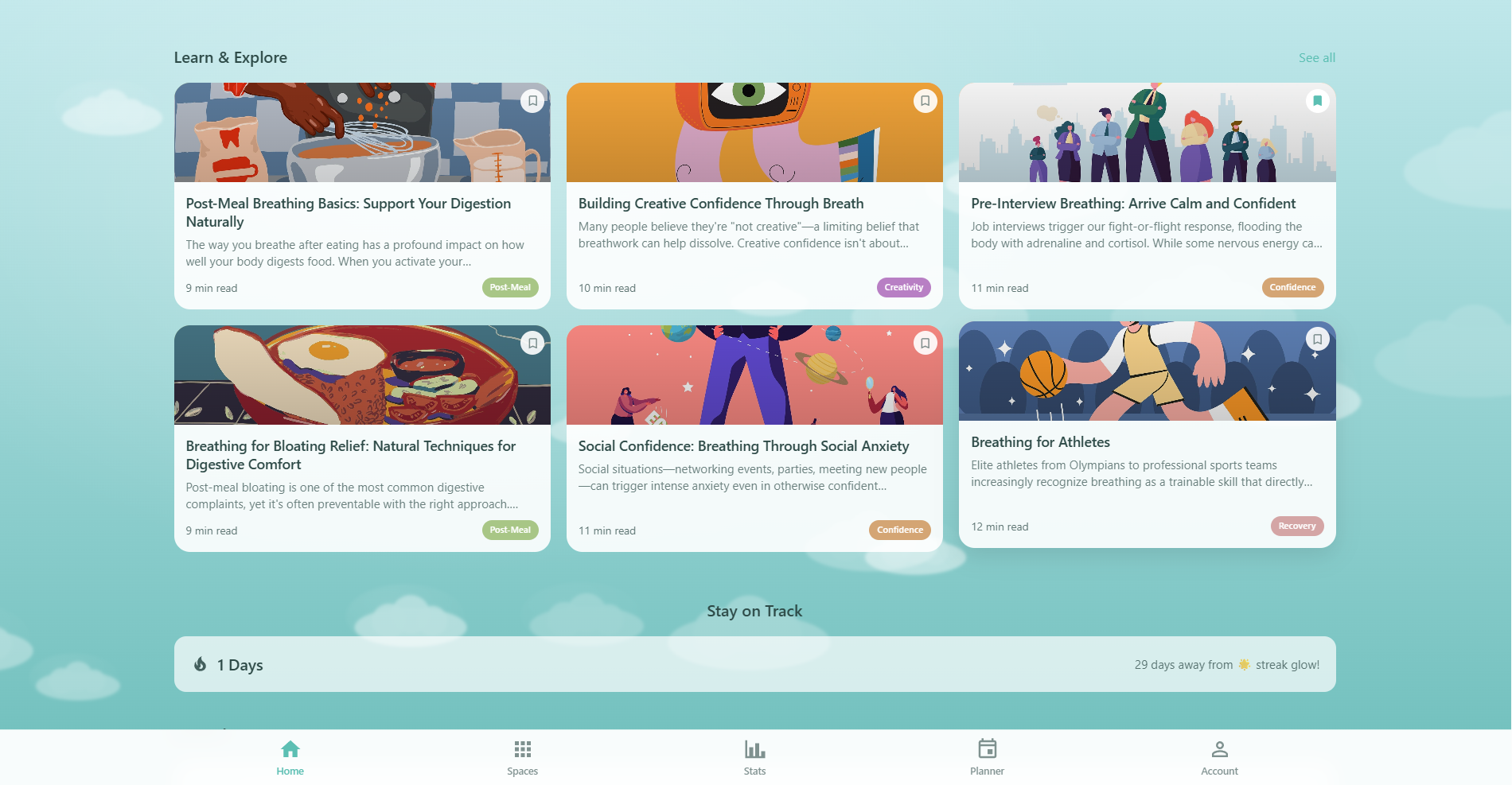Respiro articles section on desktop showing the Learn & Explore slider with featured articles, category chips, and bookmarking