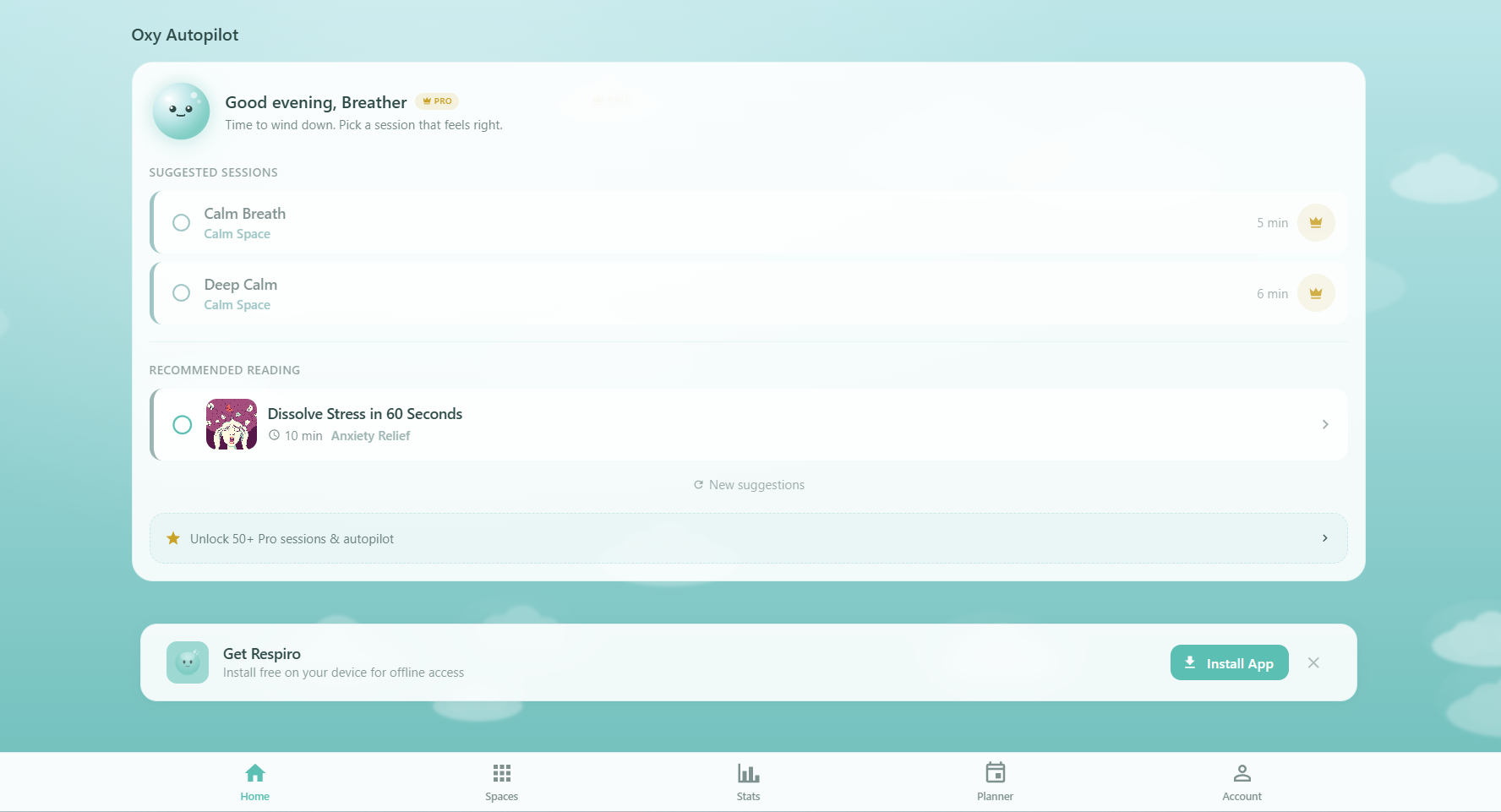 Respiro breathing app Oxy Autopilot Pro feature on desktop showing personalized weekly goal progress, smart session suggestions, recommended reading, and the install app prompt for adding Respiro to your device