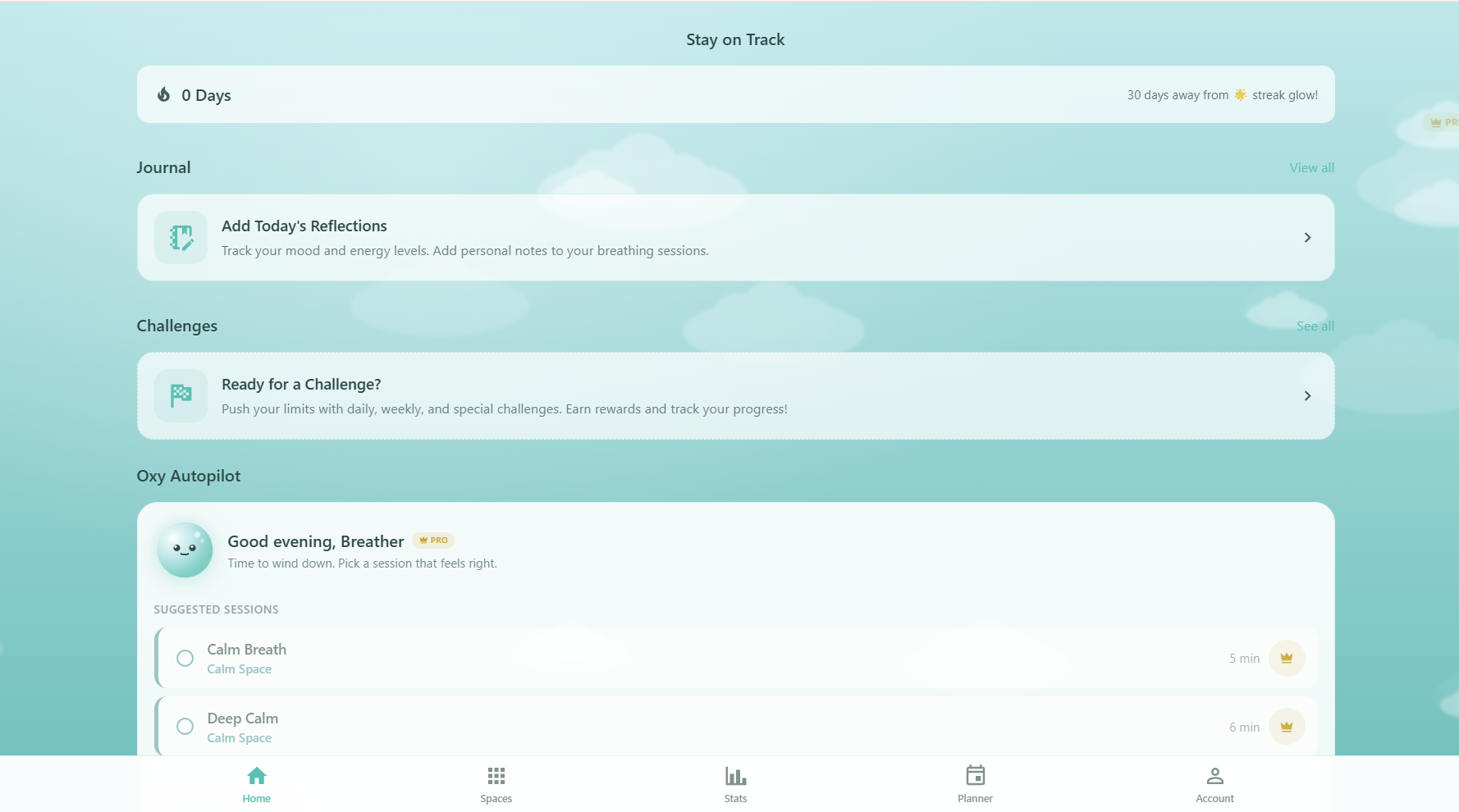 Respiro breathing app home screen on desktop displaying the daily streak counter, journal reflection card, active breathing challenge with progress bar, and curated article recommendations