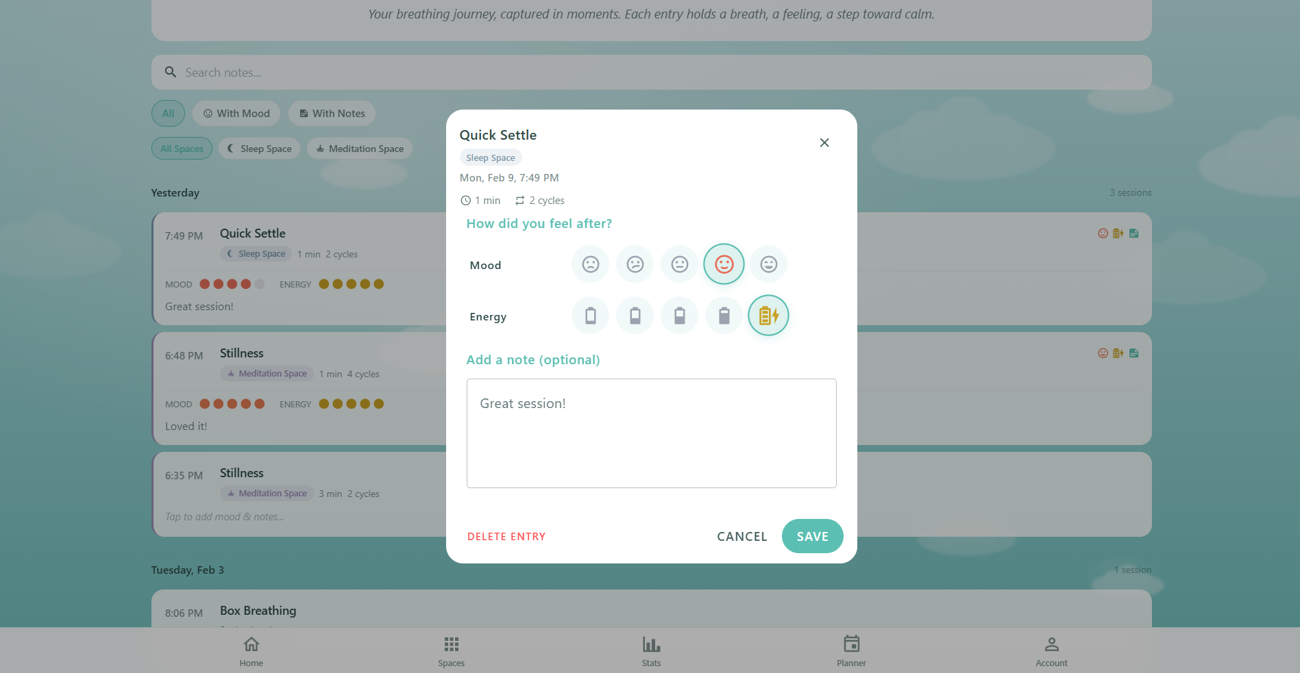 Respiro Journal note editor dialog with mood and energy selectors, notes textarea, and session summary, alongside date-grouped journal entries with mood badges and space tags