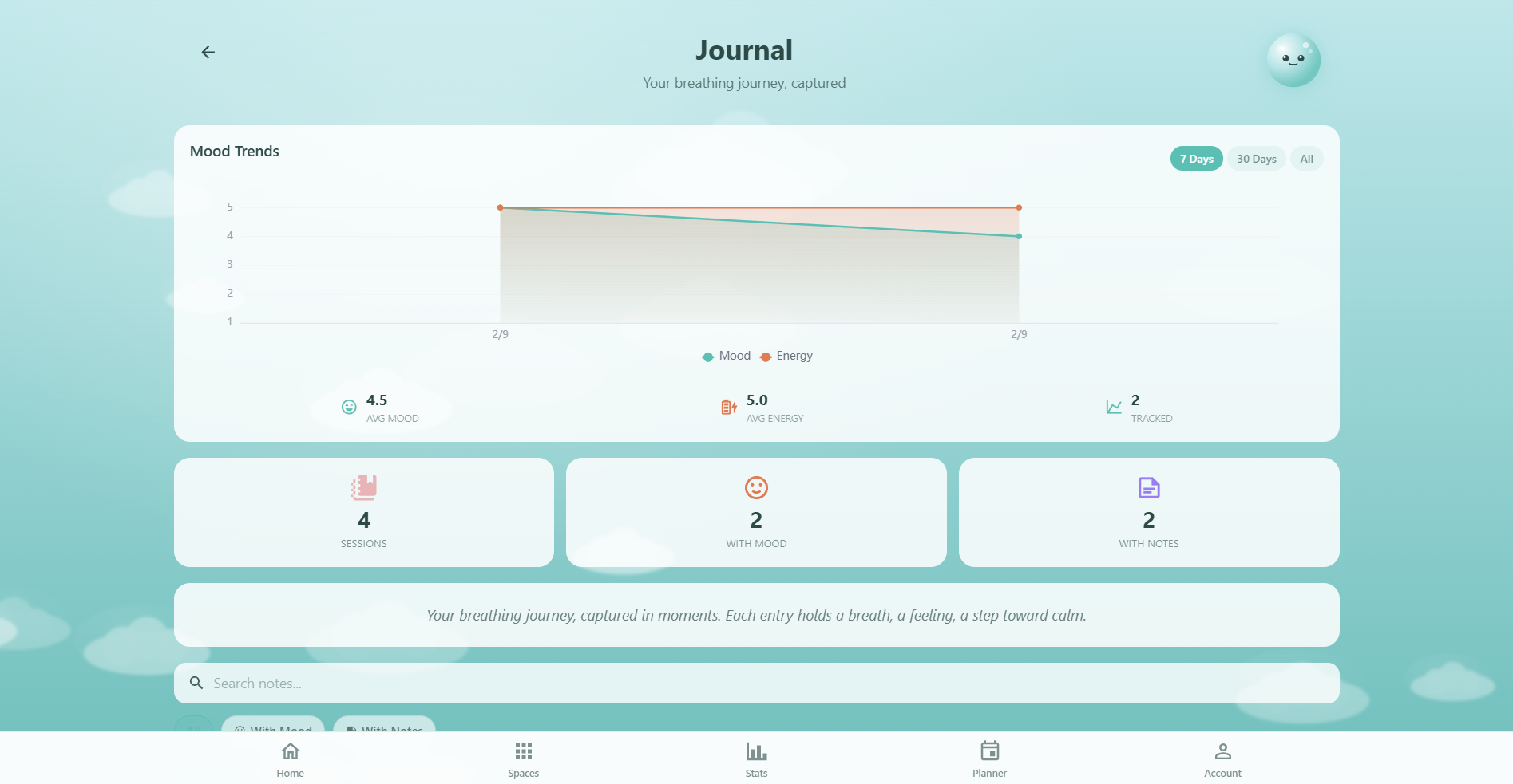 Respiro Journal page showing the mood trends chart, session stats, date-grouped entries with mood and energy badges, and search filters