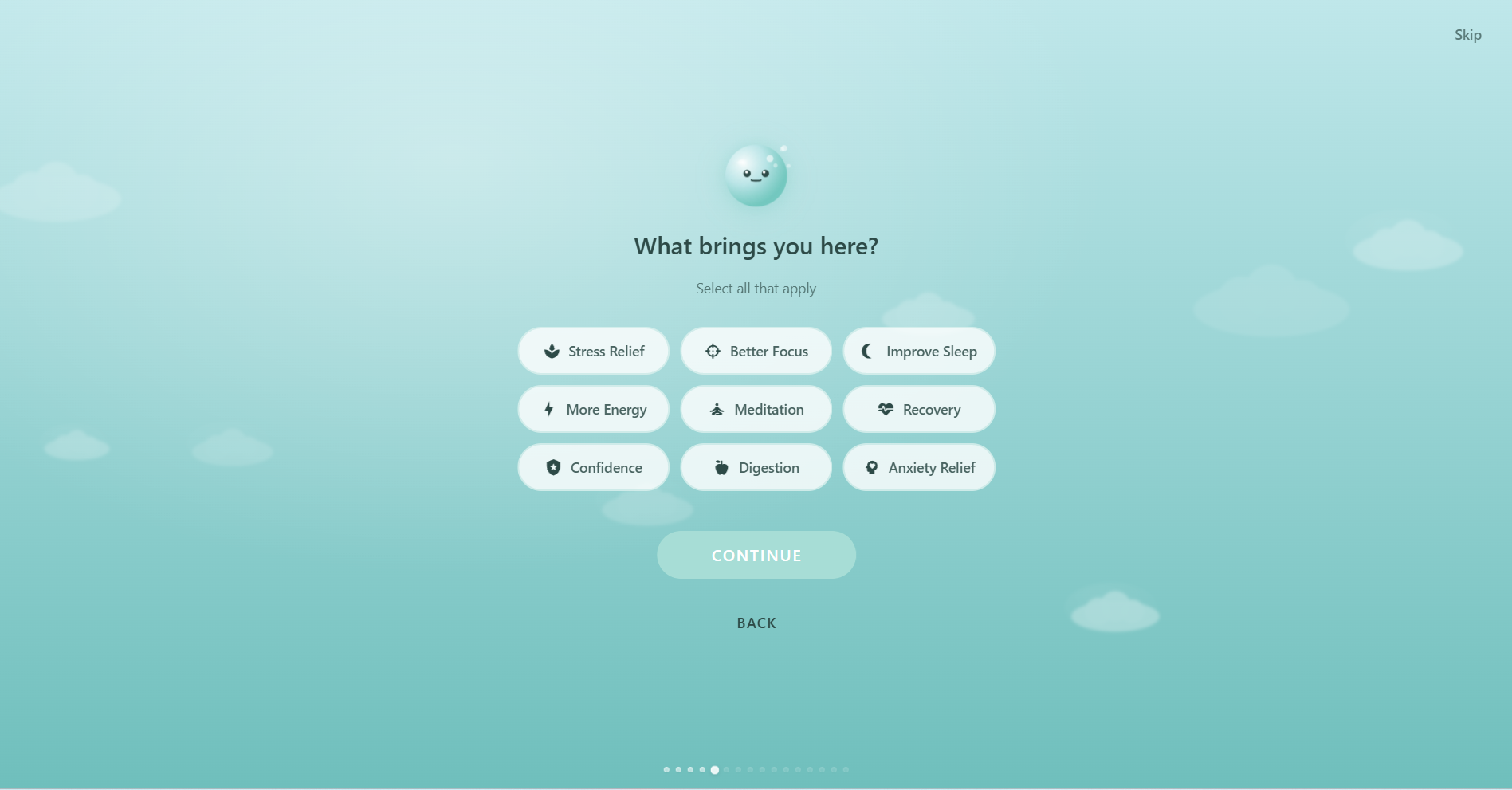 Respiro onboarding goal selection with Oxy, showing available goals like Stress Relief, Focus, Sleep, Energy, and more