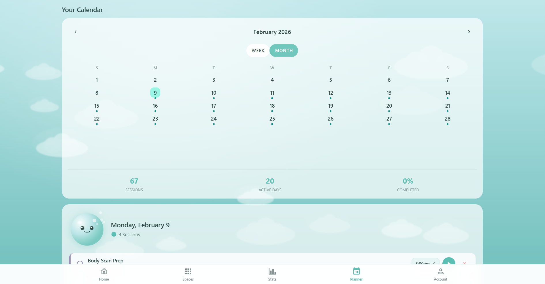 Respiro planner showing the week scroll view and month calendar view with session dots, completion indicators, and monthly statistics