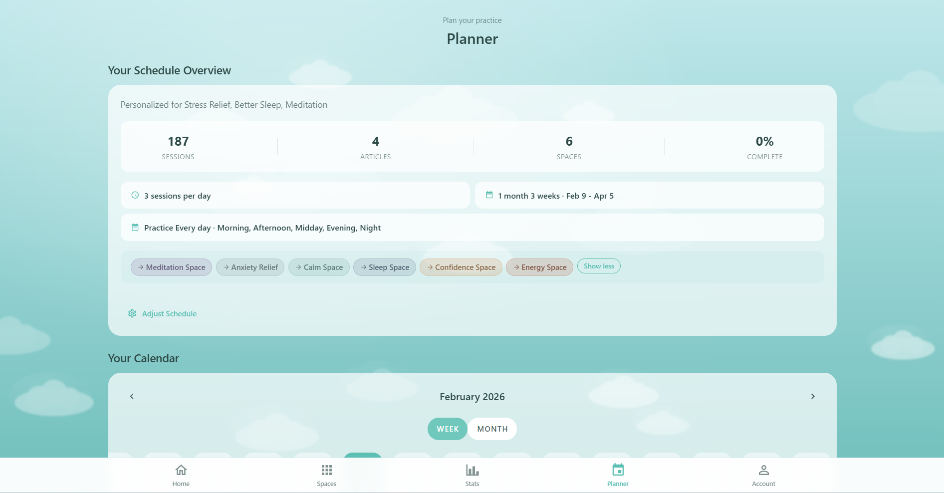Respiro planner showing the schedule summary, dual-view calendar, session cards with completion checkboxes, and recommended articles