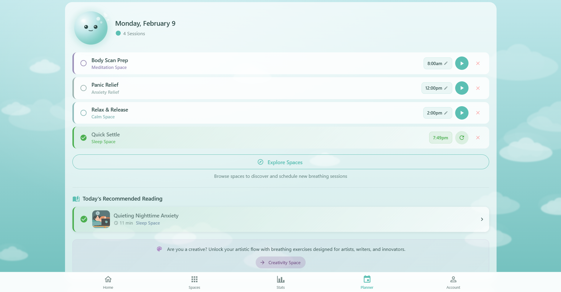 Respiro planner day view showing color-coded session cards with completion checkboxes, play buttons, time picker, and recommended article cards with read tracking