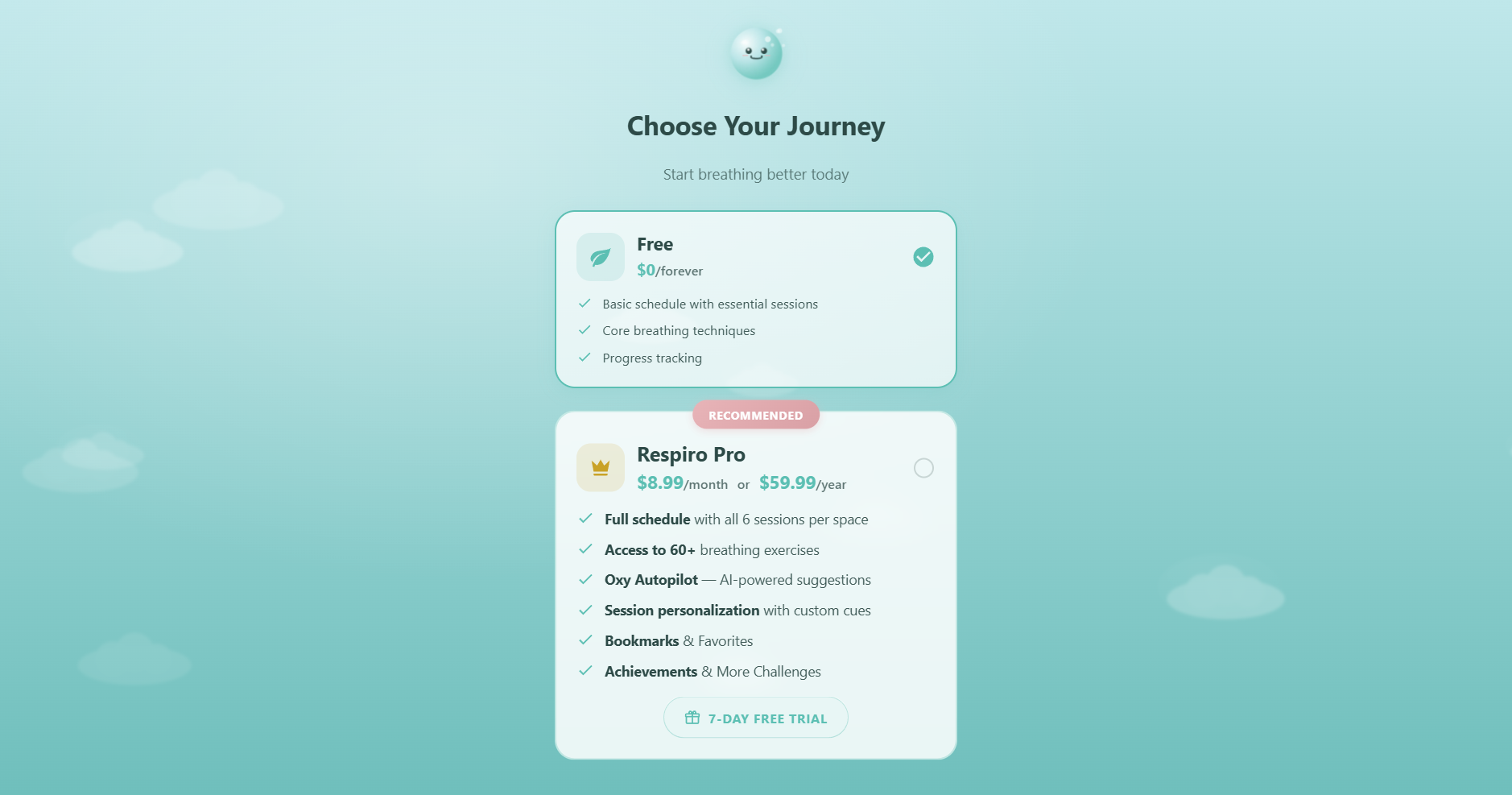 Respiro onboarding Pro upgrade screen showing plan comparison between Free and Pro, monthly and yearly pricing toggle, feature highlights, and Start 7-Day Free Trial button