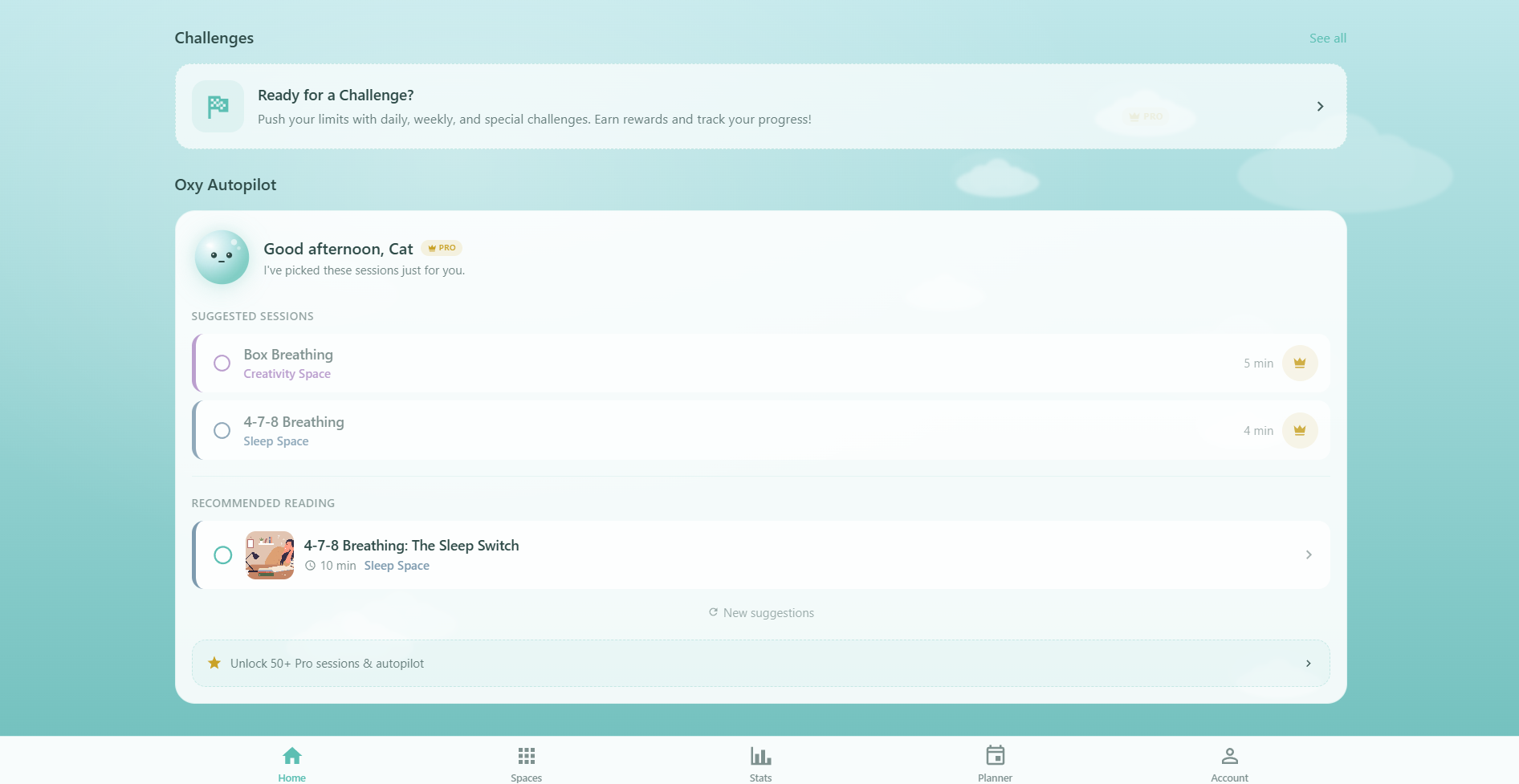 Respiro Oxy Autopilot smart scheduling feature showing AI-powered session suggestions, weekly goal tracking, and personalized breathing plan