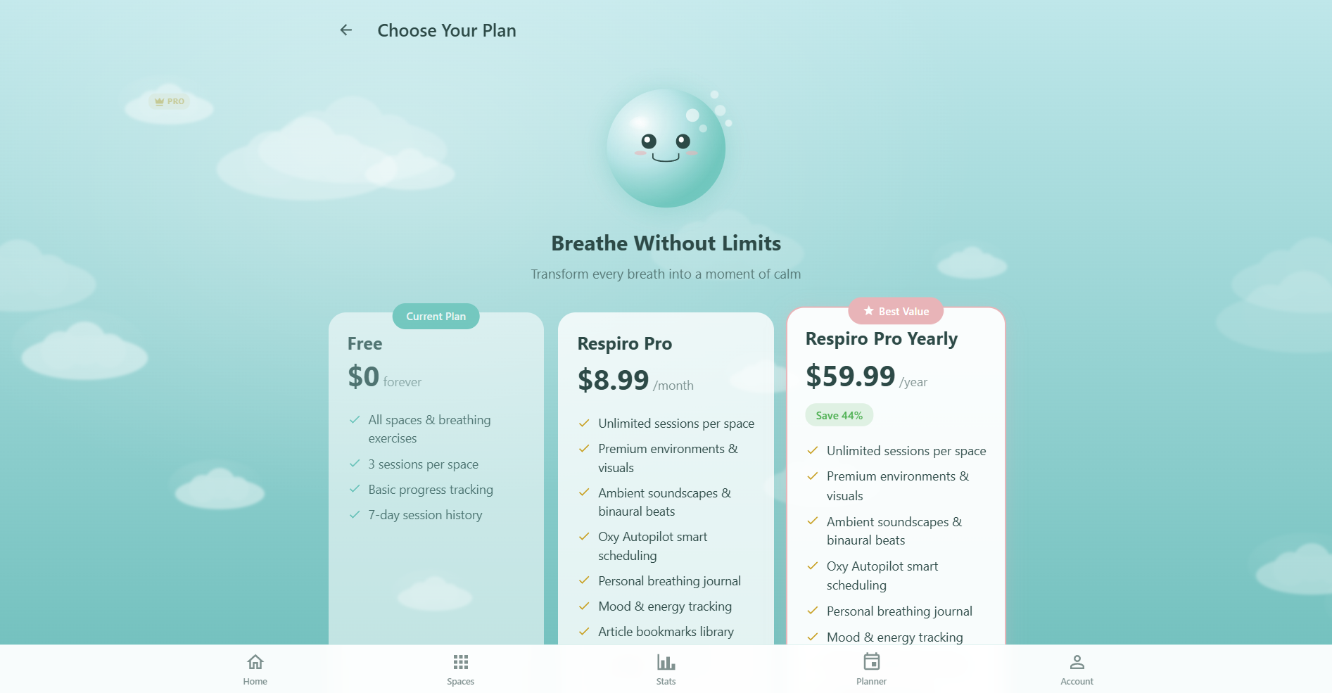 Respiro Pro upgrade page showing detailed feature comparison table between Free and Pro plans, monthly and yearly pricing with savings badge, and upgrade button