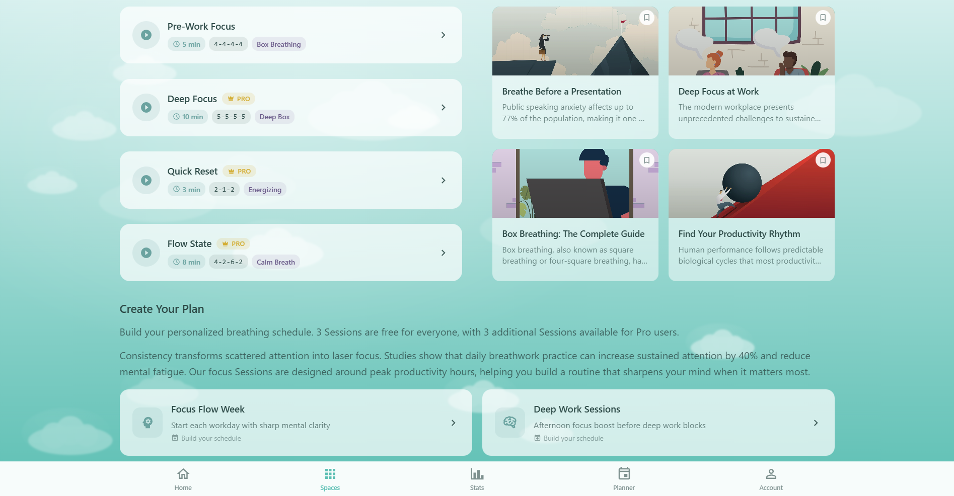 Respiro Focus Space detail page showing routines list with breathing patterns, related articles, and Create Your Plan section