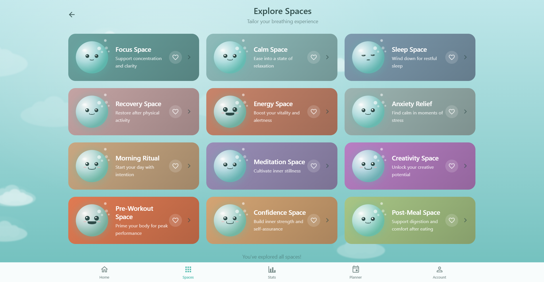 Respiro Explore Spaces page showing all 12 breathing spaces with Oxy mood expressions, taglines, and favorite buttons