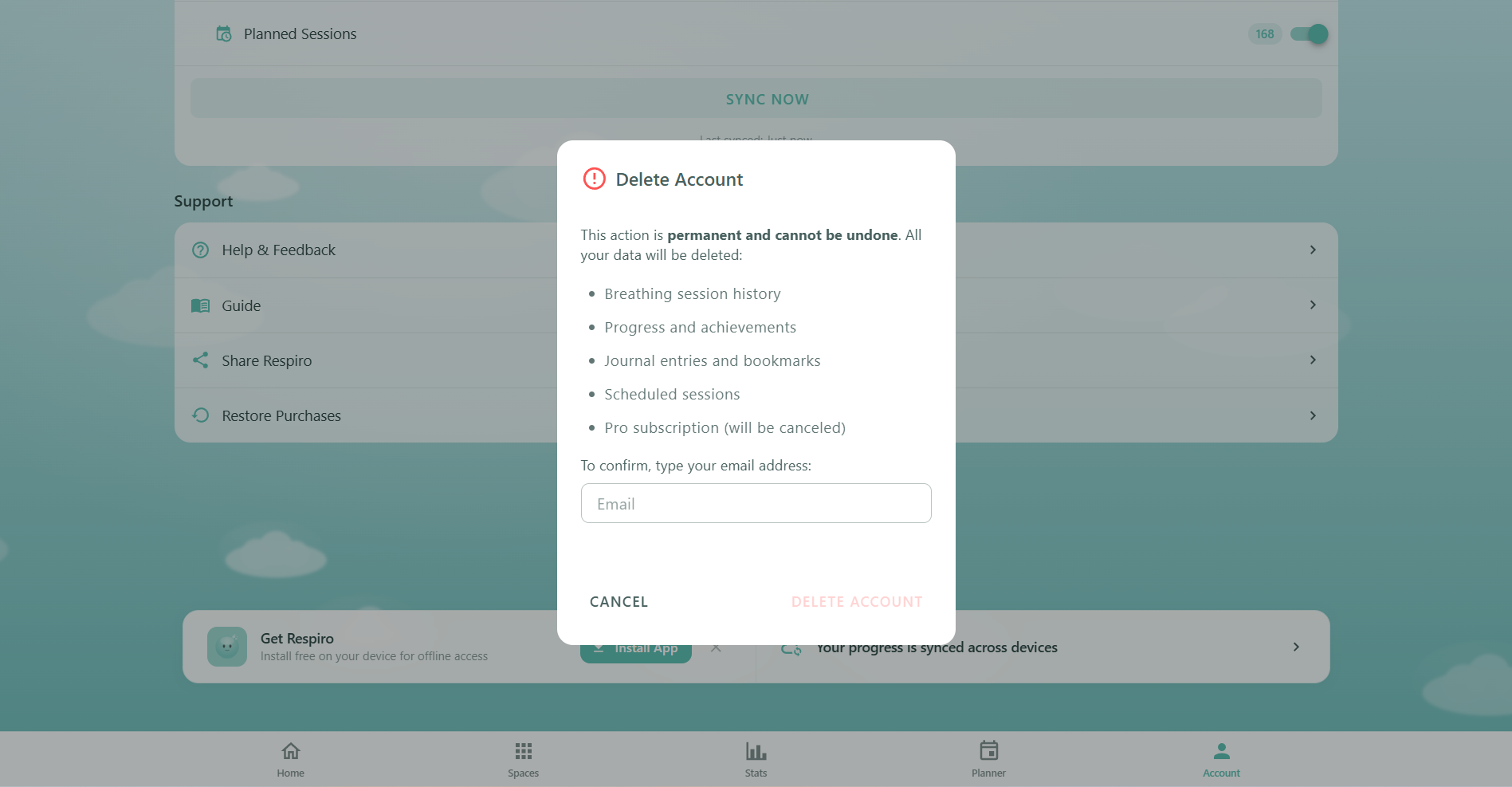 Respiro Delete Account confirmation dialog showing warning message, list of data that will be permanently deleted including sessions, achievements, journal, and subscription, and email confirmation input field with disabled delete button