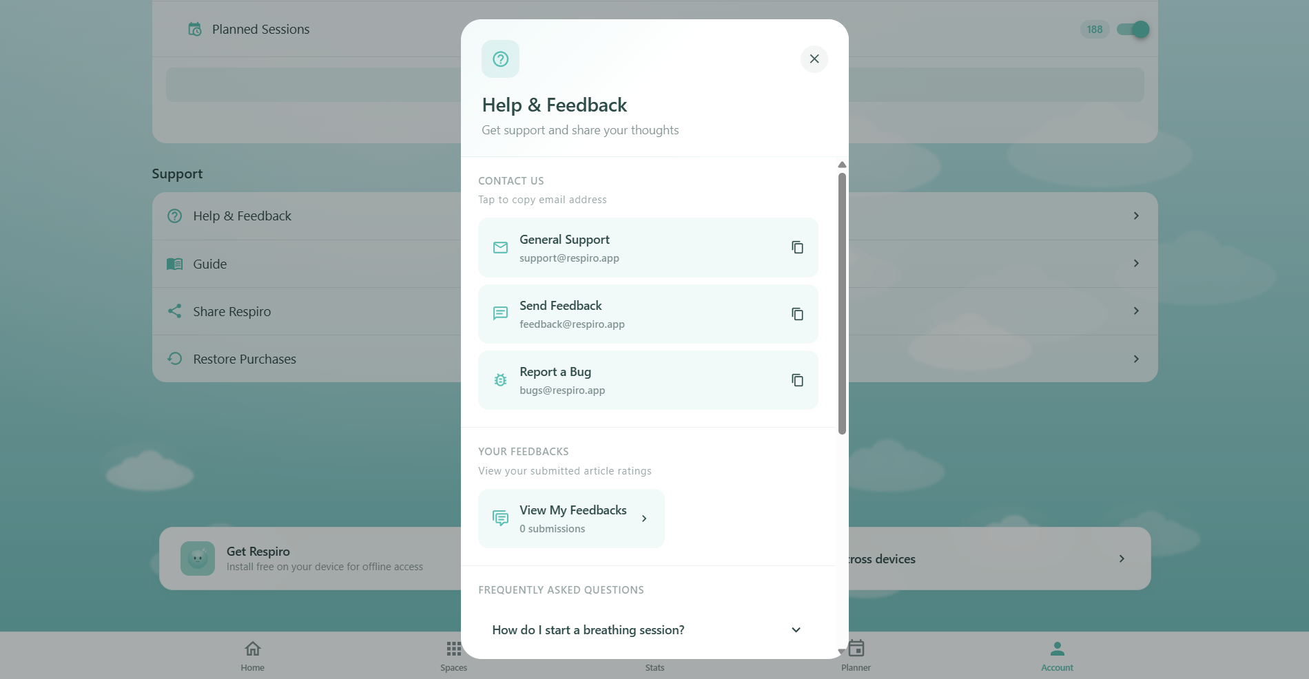 Respiro Help & Feedback dialog showing contact email addresses with copy-to-clipboard buttons, expandable FAQ items with answers, feedback history with article ratings summary, and About Respiro section with version info
