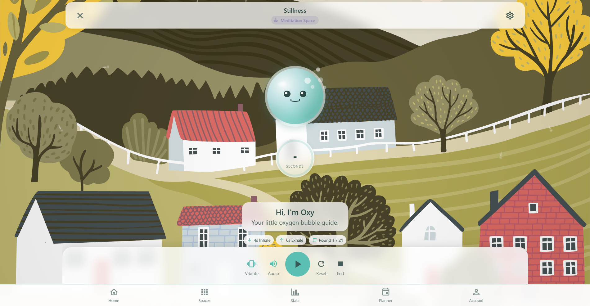 Respiro active breathing session showing the circle visualizer expanding during inhale phase, phase label, timer countdown, cycle counter, and pause and stop controls