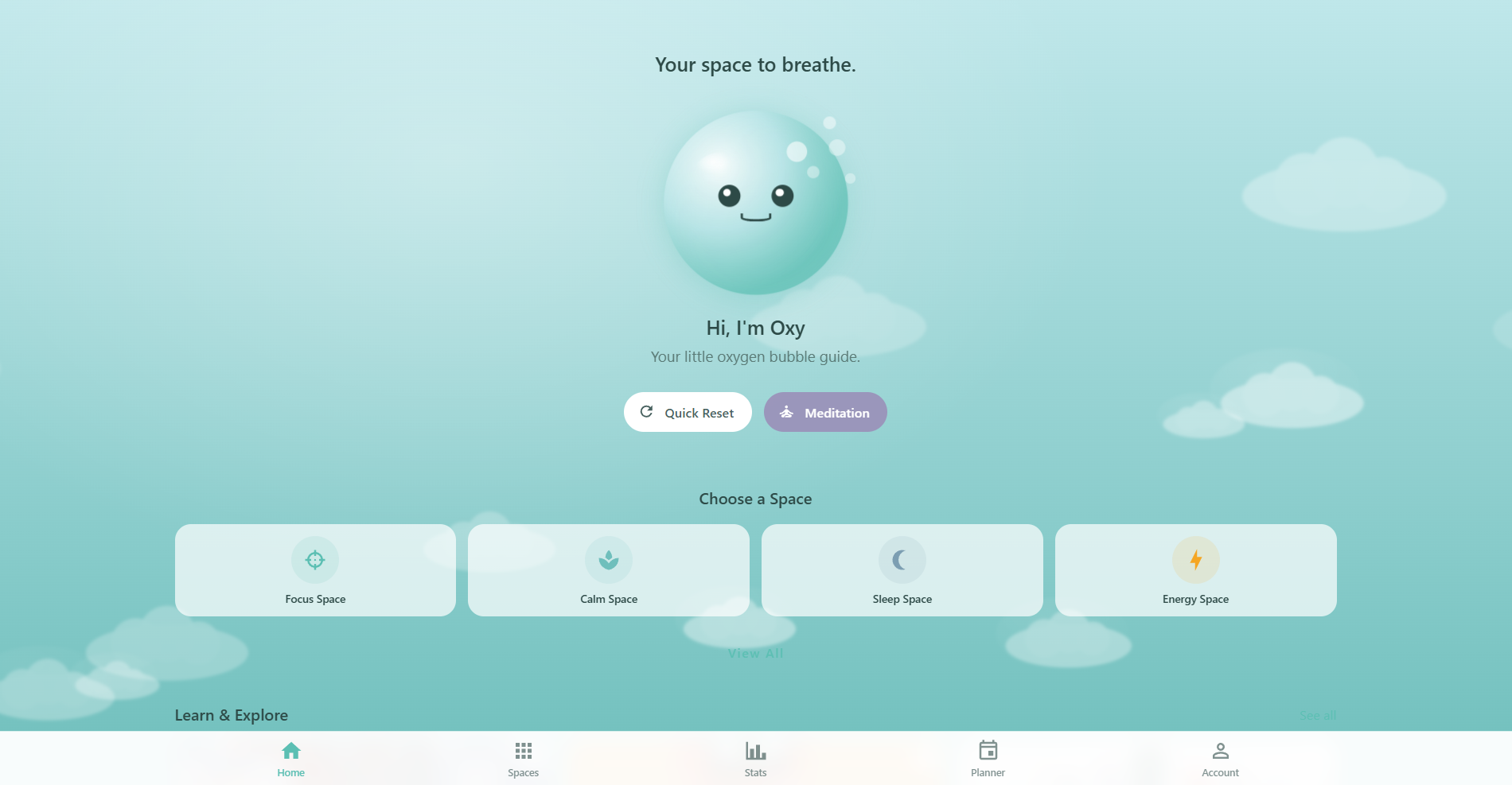 Respiro homepage showing Oxy mascot with greeting, quick action buttons for breathing sessions, featured spaces carousel, and Learn & Explore articles section with category filters